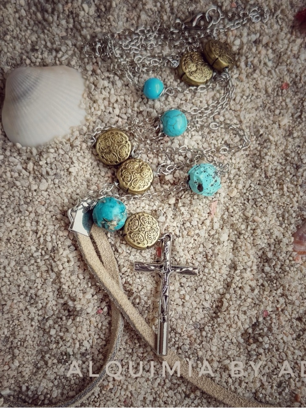 GOLD AND SILVER NECKLACE + TURQUOISE & TAN SUEDE x-long